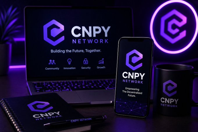 A branded marketing display for "CNPY NETWORK" featuring a laptop, smartphone, mug, and notebook all displaying the company's purple "C" logo, with the tagline "Building the Future, Together."