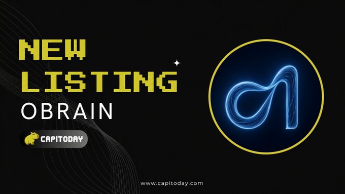 A promotional graphic announcing a "NEW LISTING" for "OBRAIN" on CAPITODAY (www.capitoday.com), featuring a glowing blue infinity-like logo on a black background.