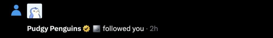 A Twitter/X notification showing that the verified 'Pudgy Penguins' account followed the user 2 hours ago.