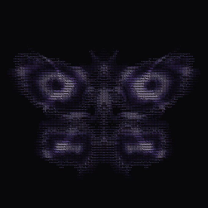 A purple butterfly-shaped ASCII art composed of digits like "1," "2," "3," "6," "7," and "8" floats against a black background, symbolizing transformation and the digital/code-driven nature of cryptocurrency. The butterfly imagery aligns with the post's theme of a token's meteoric rise and metamorphosis, mirroring the shift from low-risk early chatter to high-stakes public commentary.