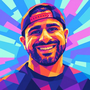 A vibrant, colorful pop-art style portrait illustration of a smiling bearded man wearing a backwards baseball cap, rendered in geometric shapes with a multicolored radiating background.