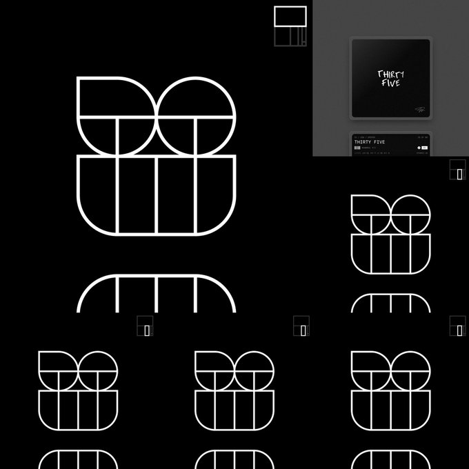 A black and white design layout featuring a stylized geometric 'DO WHAT MATTERS' logo repeated in various sizes, alongside mockups of a tablet and smartphone displaying 'THIRTY FIVE'.