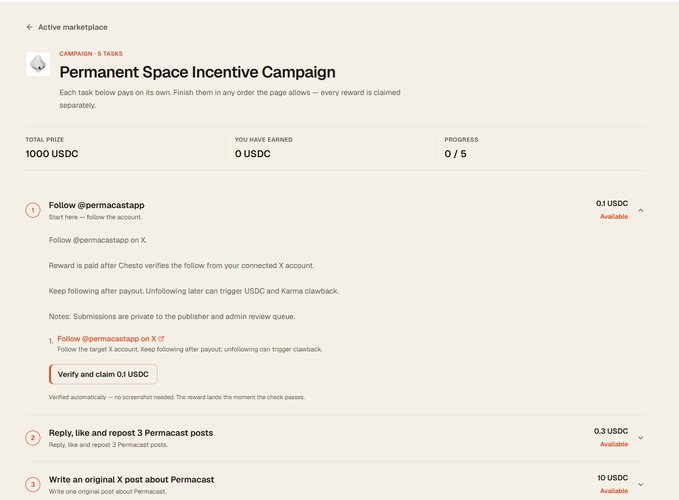 A screenshot of a 'Permanent Space Incentive Campaign' showing tasks to earn up to 1000 USDC by following @permacastapp, engaging with posts, and writing content.