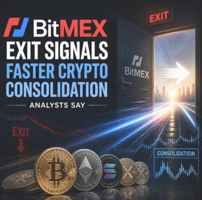 A BitMEX promotional graphic titled 'EXIT SIGNALS FASTER CRYPTO CONSOLIDATION' featuring Bitcoin and other cryptocurrency coins, an open door with an 'EXIT' sign, and price charts.