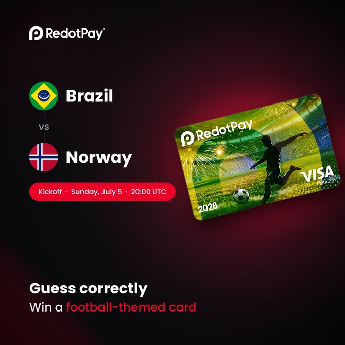A RedotPay promotional graphic for a Brazil vs Norway match prediction contest on Sunday, July 5 at 20:00 UTC, featuring the RedotPay logo, team flags, and a football-themed Visa virtual card design (2025), encouraging users to guess the winner to win one of three themed cards.