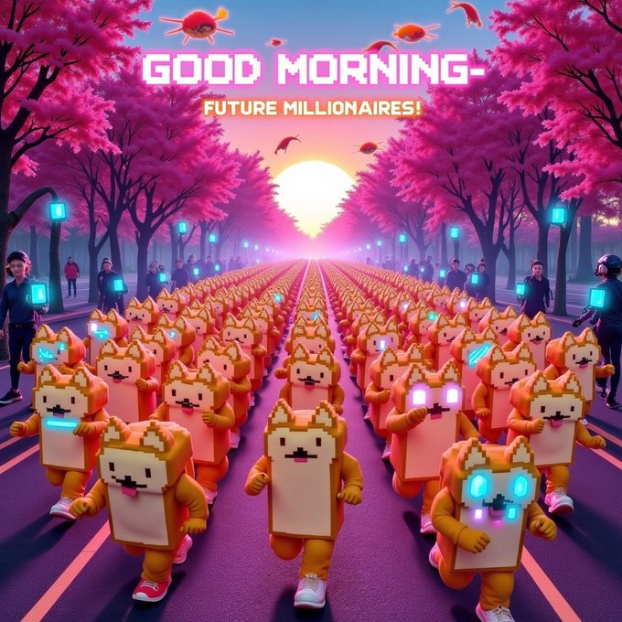 A vibrant, AI-generated retro-style poster reading 'GOOD MORNING FUTURE MILLIONAIRES!' depicting an army of dog-like characters marching down a pink road lined with cherry blossoms.