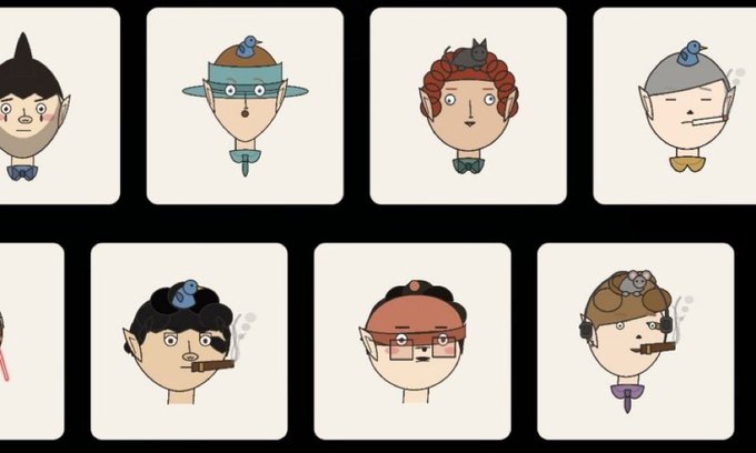A grid displaying cartoonish avatar portraits of various characters, many wearing small blue birds on their heads and featuring exaggerated facial expressions, with several smoking cigars.
