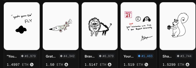 A row of five NFT collectibles priced between 1.4997 ETH and 1.5295 ETH, featuring doodles like 'You...', 'Grat...', 'Brav...', 'Your...', and 'Sha...' with various rank numbers.