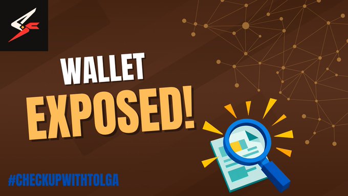 A brown promotional graphic displays 'WALLET EXPOSED!' in bold text alongside a magnifying glass icon examining a chart, with '#CHECKUPWITHTOLGA' and a logo in the corners.