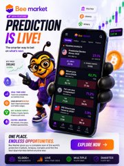 The image is a promotional graphic for "Bee Market," featuring a cartoon bee mascot pointing toward a smartphone displaying the app's prediction market interface with categories like Sports, Crypto, Politics, and Finance. Bold text reads "PREDICTION IS LIVE!" along with "ENDLESS OPPORTUNITIES" and "EXPLORE NOW," reinforcing the post's message about Bee Market offering diverse prediction trading opportunities across multiple categories.