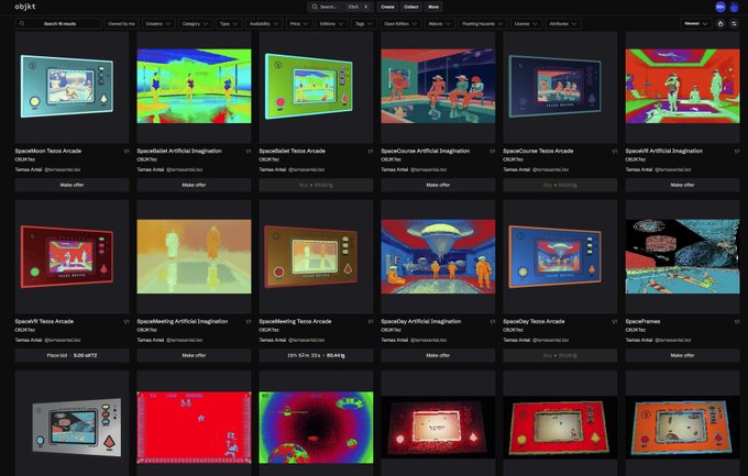 A gallery interface titled 'objkt' displaying various NFT artworks, primarily featuring colorful 3D rendered scenes and arcade-themed imagery.