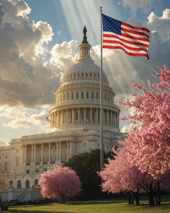 The U.S. Capitol building stands beneath a waving American flag and blooming cherry blossoms, symbolizing Washington's political setting for the upcoming White House crypto meeting with industry leaders like Coinbase, Ripple, and Gemini, alongside SEC Chair Atkins and CFTC Acting Chair Michael Selig, ahead of the Senate's September vote on the CLARITY Act.