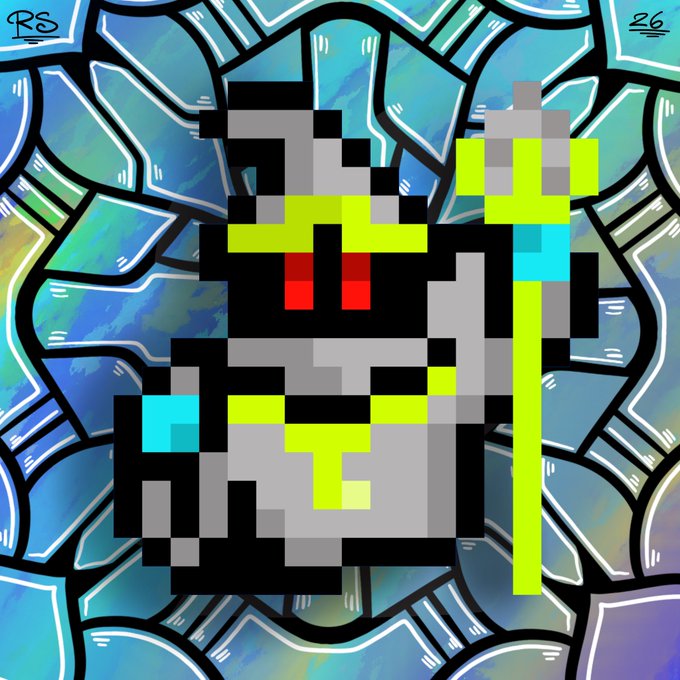 A pixel-art character with red eyes and yellow accents wields a staff against a vibrant blue stained-glass background, credited as "DG '26" in the corners. This artwork, referenced in the post as being by @rocsolmiami, serves as the background for @Markgator27's character.