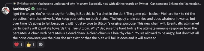 A screenshot of a social media post by 'Authinteg' (@Nightcrawler) discusses a hard fork strategy to rid the Bitcoin network of 'parasites,' arguing that the legacy chain will fail while the 'True Bitcoin' will succeed.