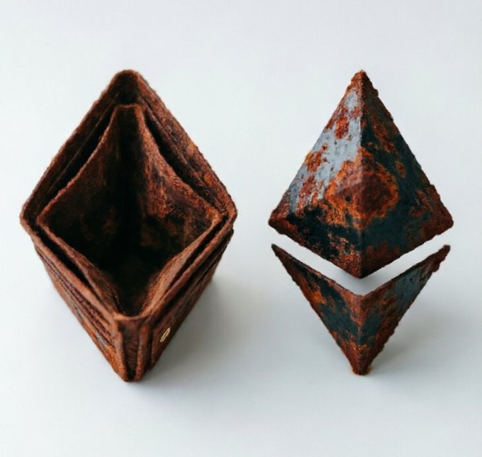 The image features a brown wallet and an upside-down, rusted triangle made of metal or stone. The wallet has two flaps open at the top, while the triangle appears to be made from a material that looks like iron or bronze. Both objects are placed on a white background, which highlights their shapes and textures. The post includes text that reads "强烈推荐以太坊官方更换ETH的官方Logo".