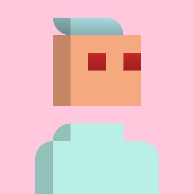 A minimalist flat-style digital illustration of a blocky character with a tan rectangular head, red square eyes, teal hair, and a teal body against a pink background.