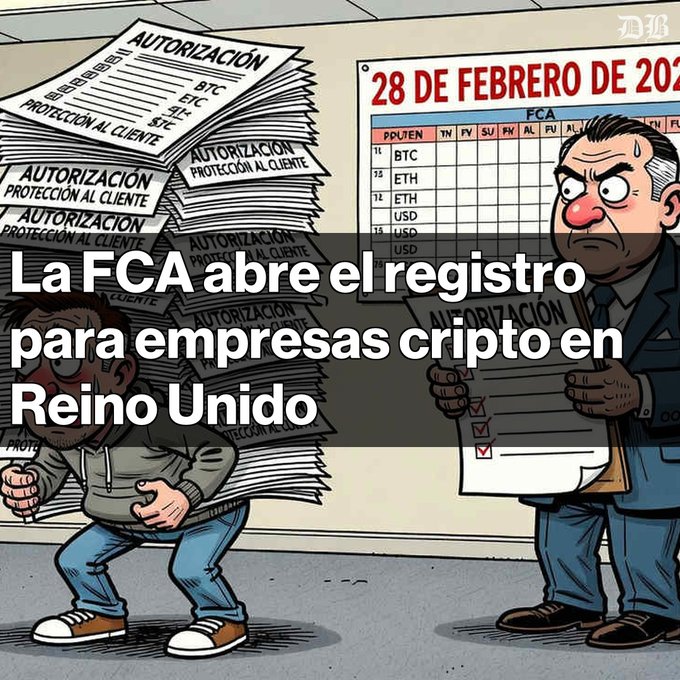 WSJ-style cartoon illustration about the FCA opening a registry for crypto companies in the UK ('La FCA abre el registro para empresas cripto en Reino Unido'), depicting frustrated officials dealing with stacks of authorization forms for BTC, ETH, and USD.