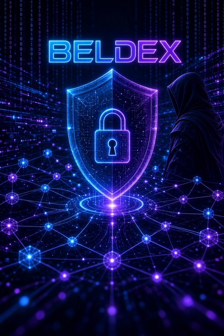 A neon-styled digital graphic features a glowing padlock shield with the text "BELDEX" at the top, accompanied by a hooded figure and interconnected network nodes on a dark background.