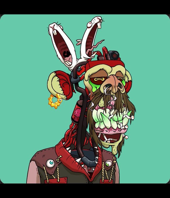 A cartoon illustration of a grotesque, zombie-like character with bulging eyes, green oozing face, and a red bandana on a teal background.