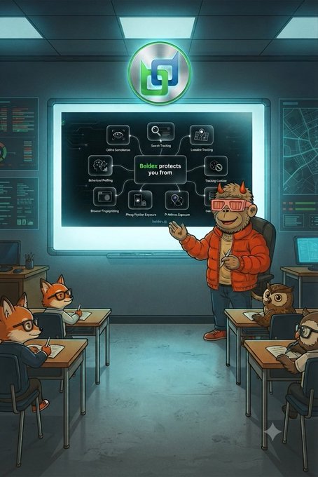 A cartoon-style illustration showing a monkey teacher wearing red 'BullDex' sunglasses instructing a class of fox and owl students about how 'Boldex protects you from' various crypto threats like Offline Surveillance, Search Tracking, and Phishing Online.