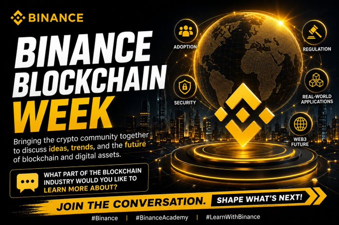 A promotional graphic for "Binance Blockchain Week" featuring a golden globe with the Binance logo, highlighting five key blockchain themes: Adoption, Regulation, Security, Real-World Applications, and Web3 Future, with the tagline "Bringing the crypto community together to discuss ideas, trends, and the future of blockchain and digital assets" and a call to action asking "What part of the blockchain industry would you like to learn more about?"

The image aligns with the post by visually framing crypto as a multifaceted industry—directly showcasing the same five topics (adoption, security, regulation, Web3, real-world applications) the author highlights as critical discussion areas beyond daily price movements.
