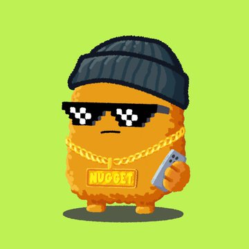 A pixel-art nugget character wears pixelated sunglasses, a beanie, and a gold 'NUGGET' chain while holding a smartphone against a green background.