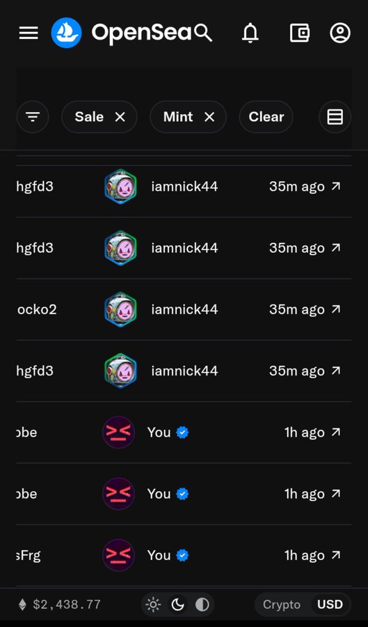 The OpenSea mobile interface lists NFT activity for “iamnick44” and “You,” with filters “Sale,” “Mint,” and “Clear,” a balance of $2,438.77, and Crypto/USD selected.