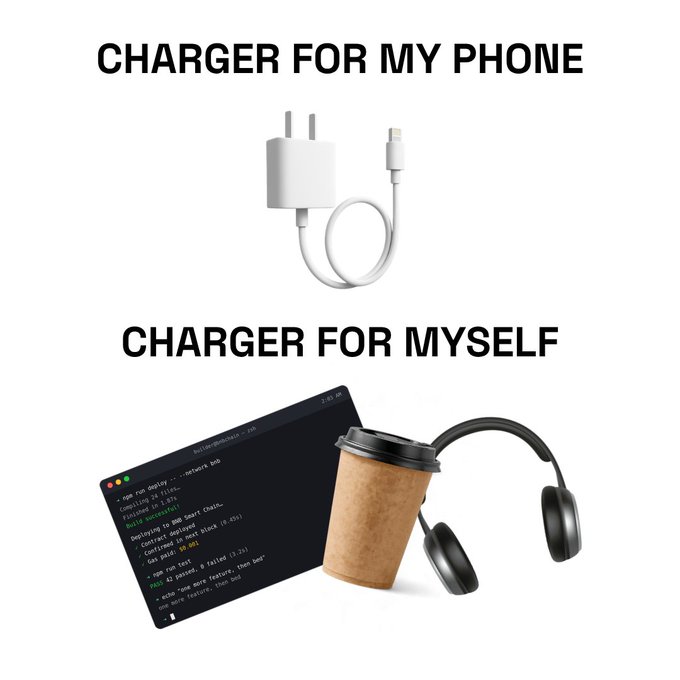 A two-panel comparison contrasts "CHARGER FOR MY PHONE" (a white Apple-style power adapter) with "CHARGER FOR MYSELF" (a coffee cup beside headphones and a code editor showing terminal commands like "npm run build" and "npm run test"). It humorously illustrates that while a simple plug powers a device, sustaining a developer requires caffeine, focus, and the ritual of running builds and tests—matching the post's "Builder charging protocol: initiated" by depicting the personal fuel needed for coding work.