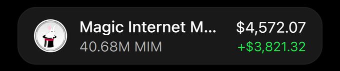 A cryptocurrency portfolio widget displaying Magic Internet Money (MIM) with a balance of 40.68M MIM valued at $4,572.07, showing a gain of +$3,821.32 in green.