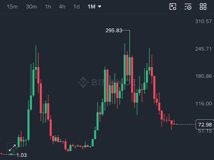 A cryptocurrency candlestick chart on Binance showing price movement with a peak of 295.83 and current price of 72.98, displaying a dramatic decline over a 1-month timeframe.