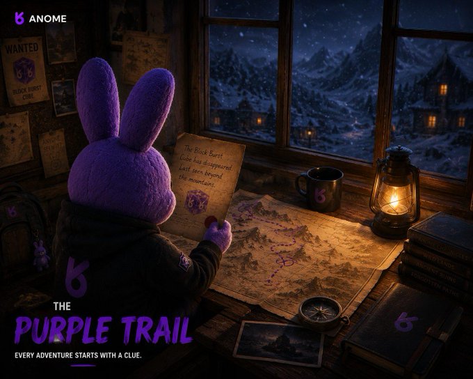 A purple bunny character sits at a desk reading a note that reads "The Black Burst Cube has disappeared. Let's search beyond the mountains," beside a map showing a red trail leading toward snowy mountains, with "THE PURPLE TRAIL - EVERY ADVENTURE STARTS WITH A CLUE" displayed below, perfectly illustrating the post's narrative of receiving an unsigned map pointing toward an icy mountain range to search for the missing Cube.