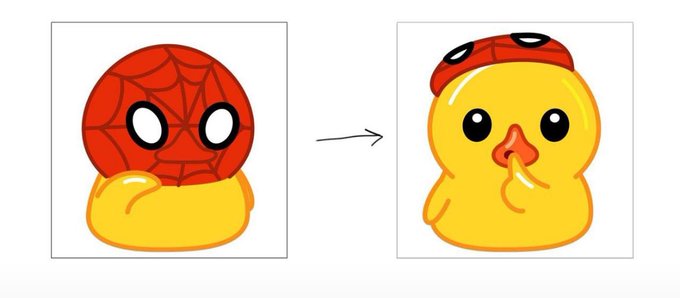 A meme illustration showing a transformation: a yellow duck wearing a Spider-Man mask on the left transitions via an arrow to a yellow duck wearing the Spider-Man mask as a cap on the right.