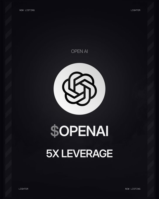 The image features a poster for an upcoming listing called "New RWA Perp Listing" that allows users to trade $OPENAI (pre-IPO) with up to 5x leverage. The poster has a black background, white text, and a circular logo of a flower design surrounded by lines at the center. In the bottom right corner, there's an additional text which reads "New RWA Perp Listing! You can now trade $OPENAI (Pre-IPO) with up to 5x leverage." This text provides context about the poster and invites users to participate in the trading process.