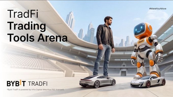 A promotional banner for 'BYBIT TRADFI - TradFi Trading Tools Arena' featuring a man standing on a sports car facing a robot, with the hashtag #MakeYourMove.