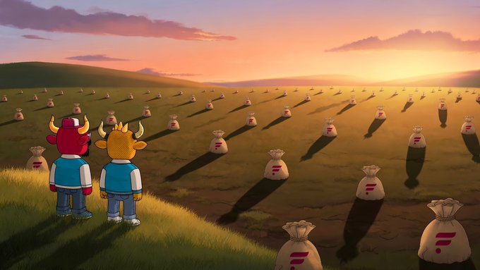 Two cartoon bulls wearing blue shirts stand on a grassy hill at sunset, looking out over a vast field filled with sacks marked with an equals sign.