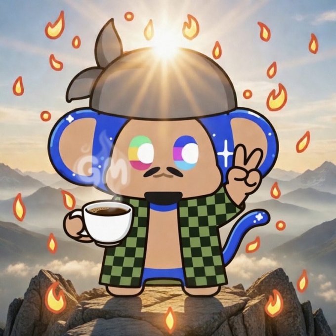 A cartoon character with large blue ears, colorful eyes, and a checkered green and black outfit standing on a rocky mountain peak holding a coffee cup, with floating flames and a sunburst behind them.