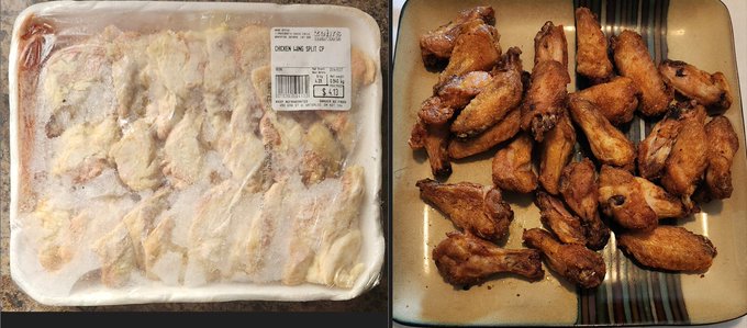 The image shows two trays of chicken wings, one with frozen wings and another tray containing cooked wings. The frozen wings are placed on a white plastic wrap, while the cooked wings have been served on a plate. Both trays contain a variety of chicken wing styles, including barbecue wings and fried chicken wings.
