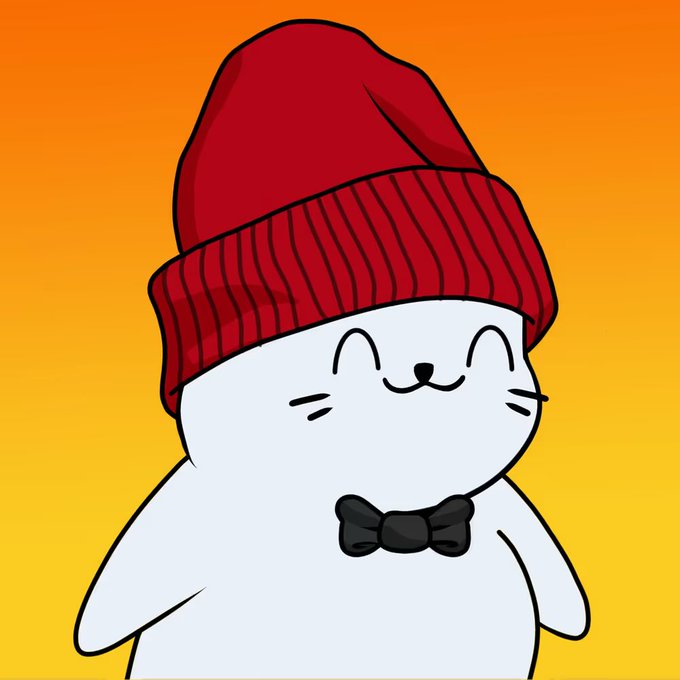 A cute cartoon illustration of a white seal or blob character with a red beanie and black bow tie, smiling against an orange gradient background.