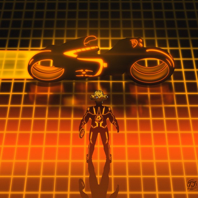 A glowing orange digital rendering of Samus Aran from the Metroid video game series stands in a futuristic grid environment, facing the iconic light cycle from the Tron franchise.