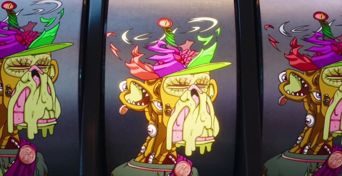 A vibrant cartoon illustration of a surreal character wearing a colorful green and pink hat, with melting, flame-like hair, displayed on three panels.