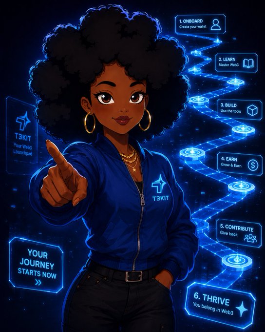 A stylized illustration features a confident woman with an afro pointing forward, wearing a blue "T3KIT" jacket, alongside a glowing 6-step Web3 onboarding pathway labeled "1. ONBOARD - Create your wallet," "2. LEARN - Master Web3," "3. BUILD - Use the tools," "4. EARN - Grow & Earn," "5. CONTRIBUTE - Give back," and "6. THRIVE - You belong in Web3," with banners reading "T3KIT - Your Web3 Launchpad" and "YOUR JOURNEY STARTS NOW." The image ties to the post by personifying T3KIT as the friendly guide needed to walk newcomers through the overwhelming flood of CT information, transforming confusion into a clear, structured six-step journey from onboarding to thriving in Web3.