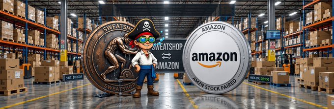 A promotional graphic for the $SWEATSHOP meme contest features a pirate character with a wrench standing between two oversized coins—one displaying the "SWEATSHOP" branding and the other an "AMAZON" token labeled "AMZN STOCK PAIRED," all set against a warehouse backdrop filled with cardboard boxes. The image visually reinforces the project's meme contest by showcasing its playful pirate-and-warehouse theme alongside its Amazon stock-paired token concept, tying directly into the $100 prize giveaway announced for #SweatshopMeme entries.