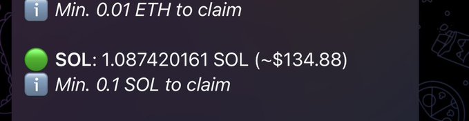 A screenshot of a cryptocurrency claim interface showing 'SOL: 1.087420161 SOL (~$134.88)' with a green status dot, indicating a minimum of 0.01 ETH and 0.1 SOL to claim.