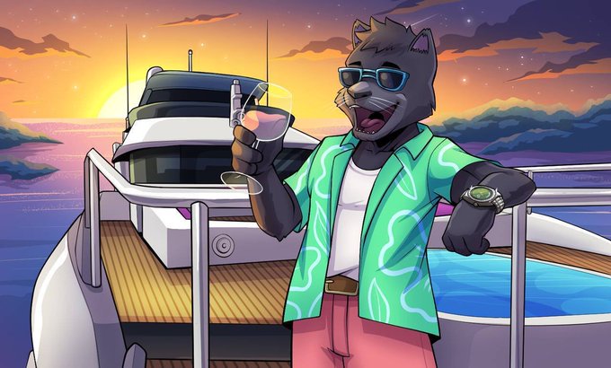 An anthropomorphic gray cat wearing sunglasses, a tropical shirt, and a luxury watch stands on a yacht at sunset, raising a glass of wine in a celebratory toast. The image's imagery of luxury, leisure, and success visually reinforces the post's hype about a profitable crypto "play," suggesting a lavish lifestyle awaiting those who follow the team's calls.