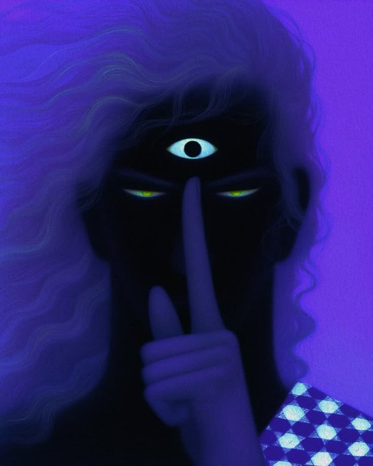 A stylized digital illustration of a shadowy figure with glowing yellow eyes and a third eye on their forehead, holding a finger to their lips in a 'shushing' gesture against a purple background.