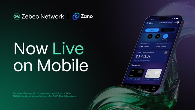 A promotional banner for Zebec Network and Zano announcing 'Now Live on Mobile', featuring a smartphone displaying a crypto wallet interface with a total cards balance of $2,442.31 and a disclaimer that crypto assets are high-risk and volatile.