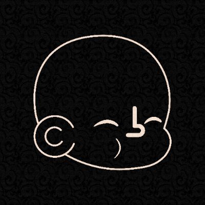 A minimalist line drawing of a smiling baby face wearing a headset on a dark patterned background.