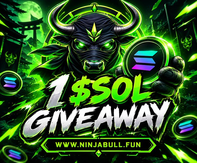 A fierce horned bull mascot with glowing green eyes holds the Solana logo, advertising a "1 $SOL GIVEAWAY" for the first 100 wallets at www.NinjaBull.fun, which ties directly to the post's promotion requiring followers of @NinjaBullSol and a retweet of the pinned post to claim the reward.