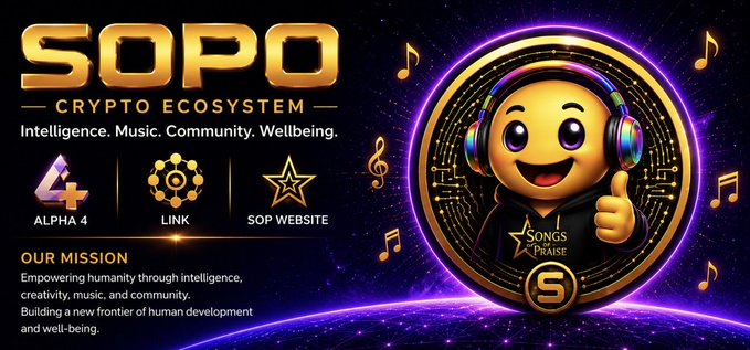 Promotional graphic for 'SOPO CRYPTO ECOSYSTEM' featuring a smiling emoji character wearing headphones, with text describing 'Intelligence. Music. Community. Wellbeing.' and listing features like 'ALPHA 4', 'LINK', and 'SOP WEBSITE'.