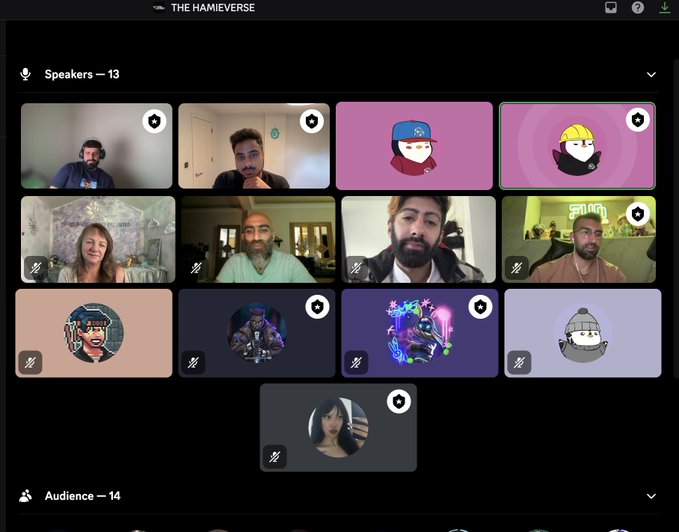A video conference interface titled 'THE HAMIEVERSE' showing a grid of 13 speakers with various profile pictures and webcam feeds.